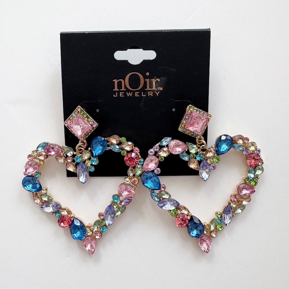 Noir NYC giant gemstones heart pendant earrings